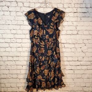 Tommy Hilfiger Navy Burgandy and Cream Midi Dress V-Neck Flutter Sleeve Size 12